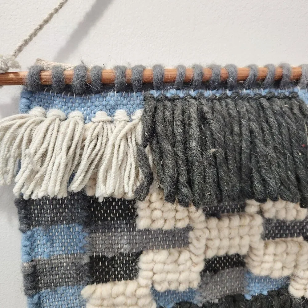 Macrame Woven Blue Cream Wall Hanging 15x24 Wool Tapestry Boho Made in India